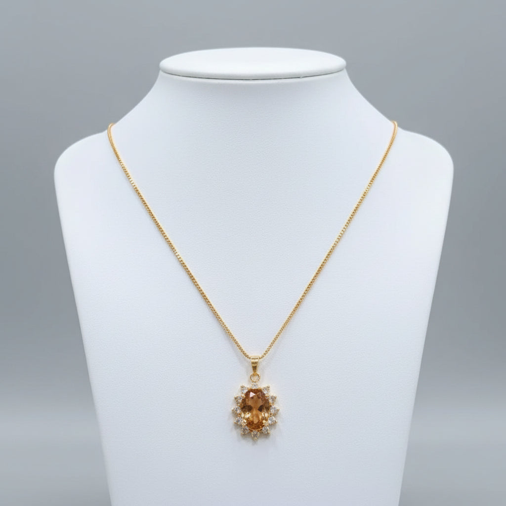 Oval Stone Crystal Halo Pendant Necklace - Each