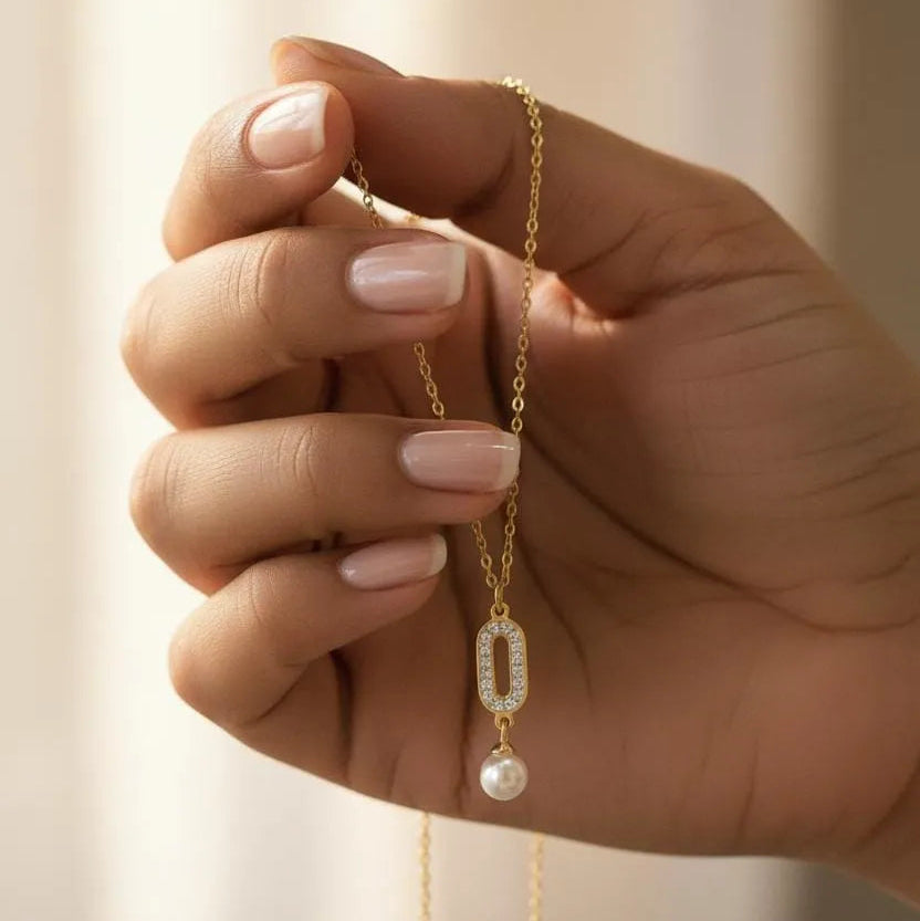 Stainless Steel Golden Chain With White Pearl