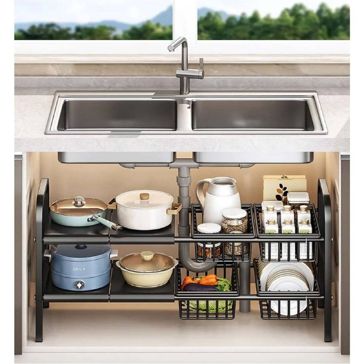 Extendable Under Sink Storage Rack with Baskets