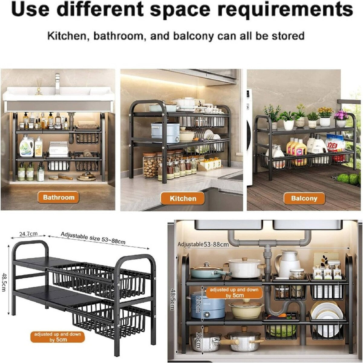 Extendable Under Sink Storage Rack with Baskets