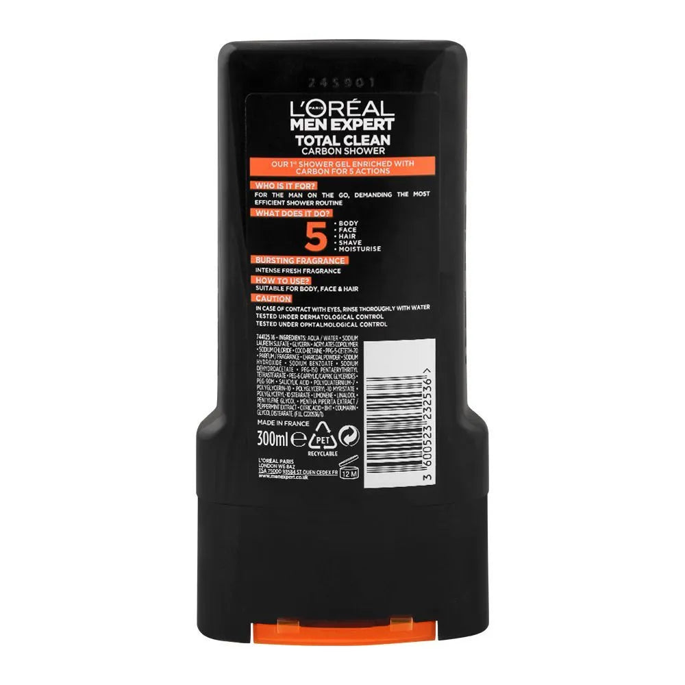 L'Oreal Paris Men Expert Total Clean 5-In-1 Body + Face + Hair Shower Gel, Total Action Carbon - 300ml