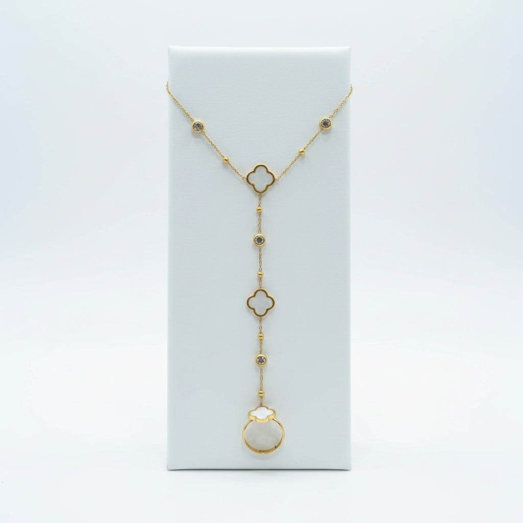 Gold Plated Four Leaf Clover Finger Bracelet with Ring
