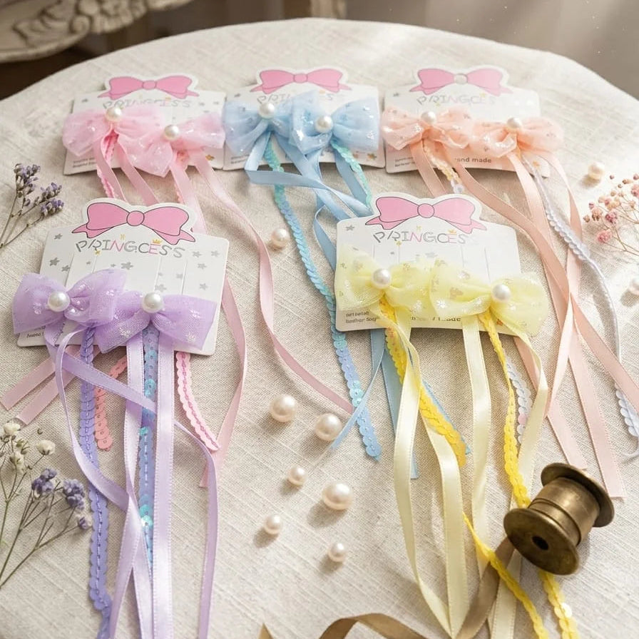 Kids Pearl Accent Organza Bow Hair Clip - Each
