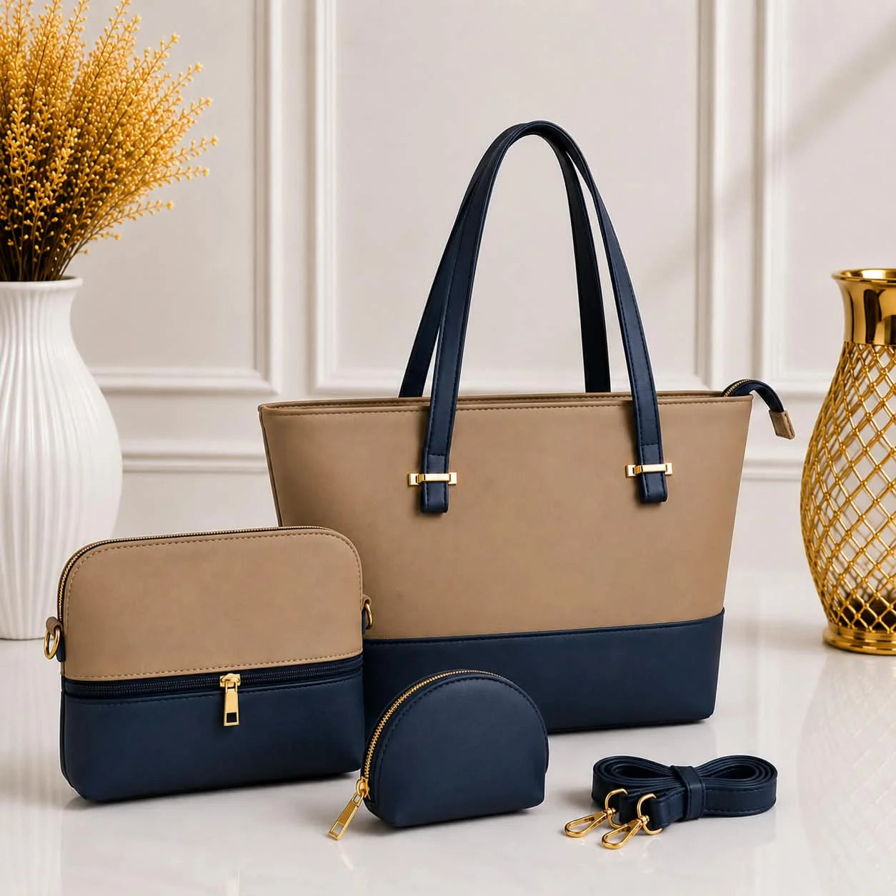 Dual Tone Leather Shoulder Tote Bag - 3 Piece Set