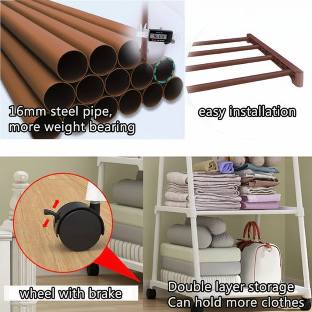 Metal Clothes Rack with Shelves and Rolling Wheels