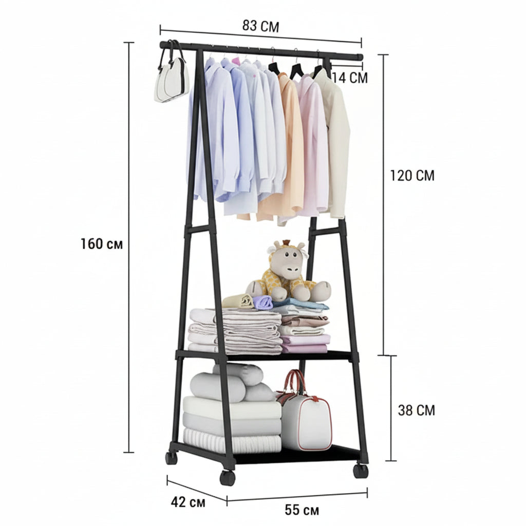 Metal Clothes Rack with Shelves and Rolling Wheels