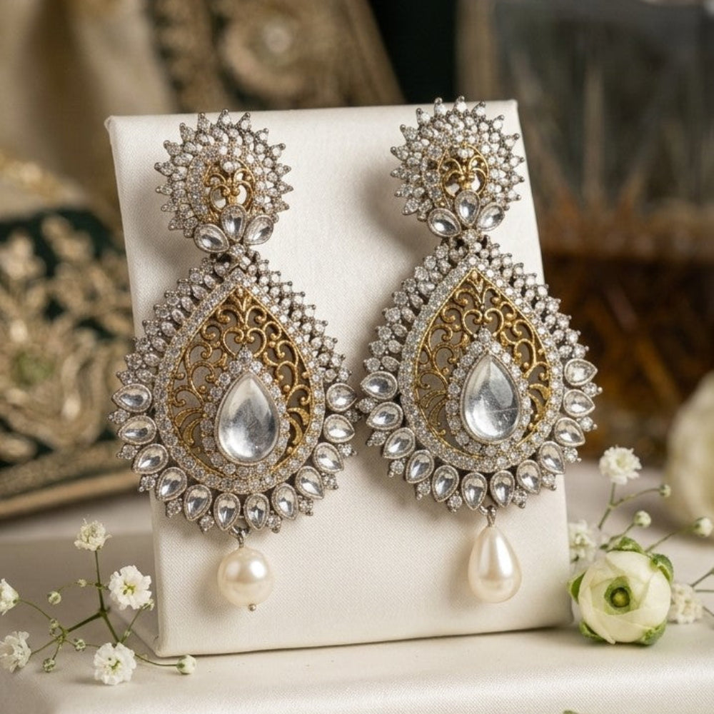 Ornate Heritage Chandbali Earrings - Antique Gold & Pearl