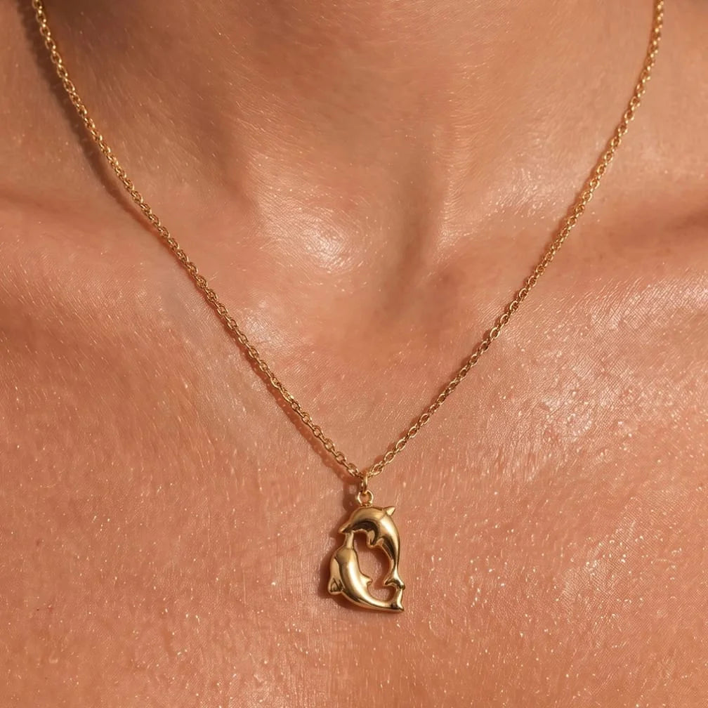 Gold Double Dolphin Pendant Necklace