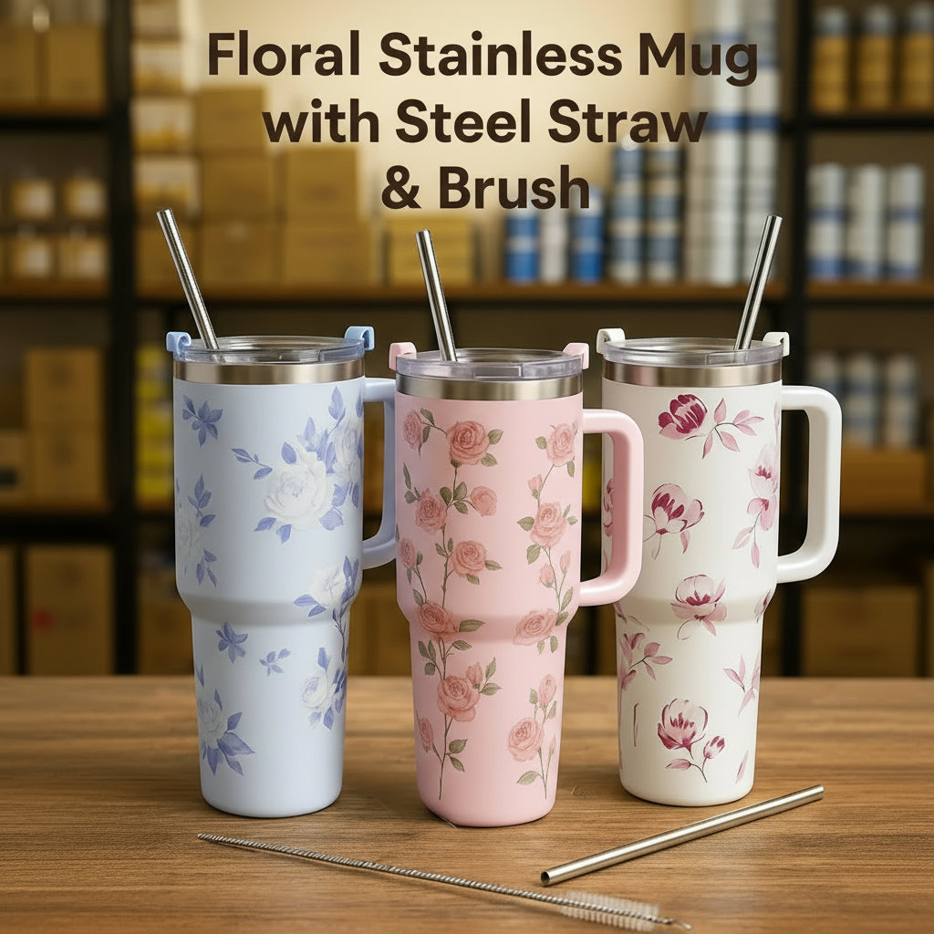 Floral stainless mugs with steel straws and a cleaning brush - 1200ml