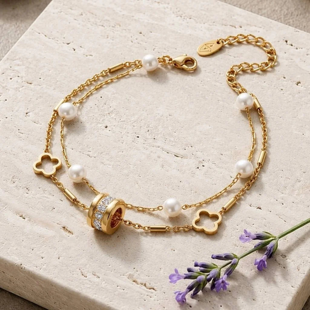 Gold Charm With Pearls Anti-Tarnish Bracelet For Women  - Each