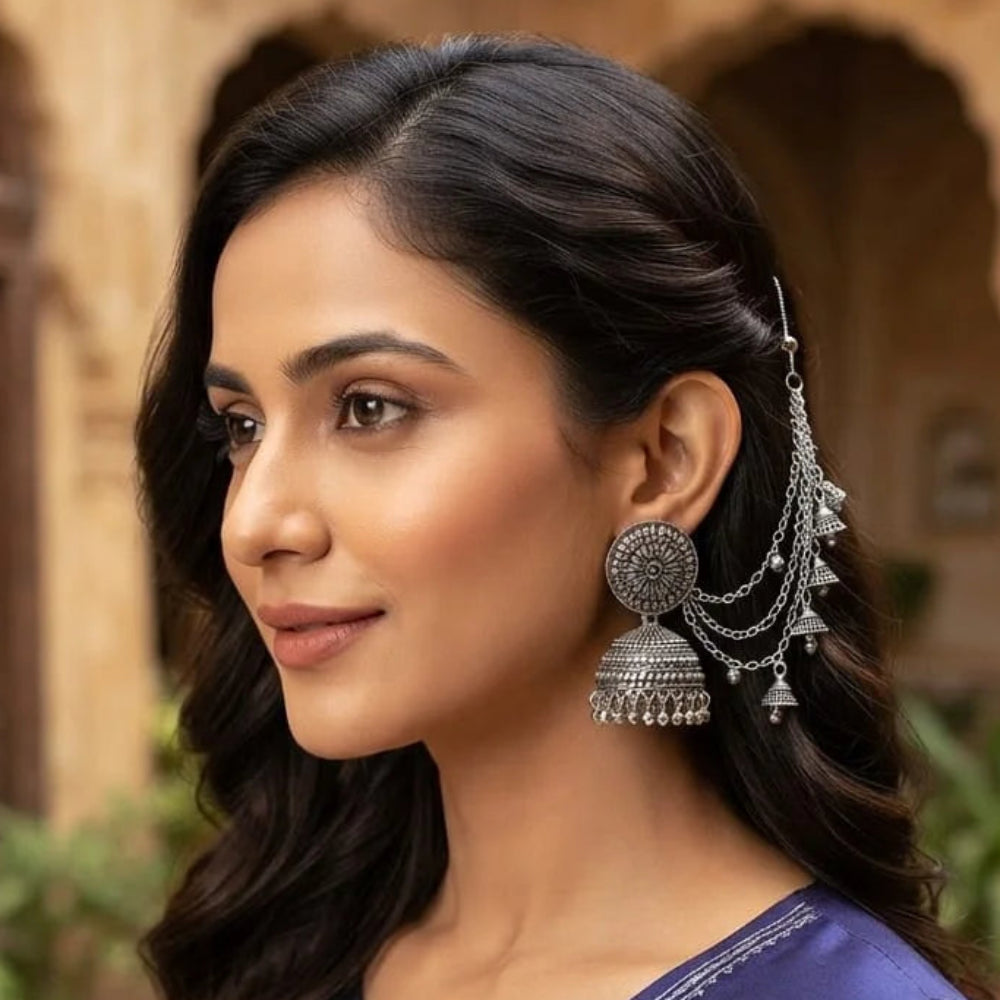 Traditional Silver Bahubali Jhumkas with Sahara Ear Chains