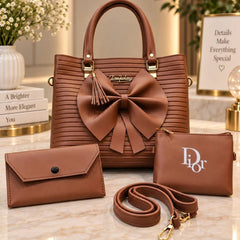 Ribbed Bow Handbag - 4 Piece Set