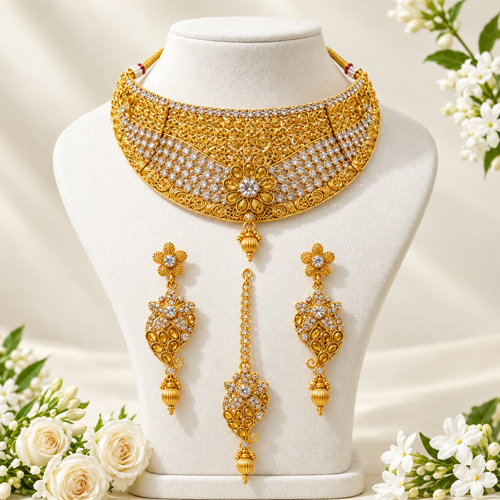 Traditional Gold-Plated Stone-Studded Bridal Jewelry Set – Choker, Earrings & Maang Tikka