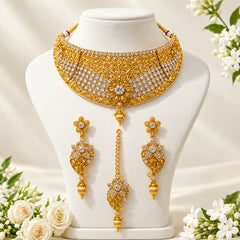 Traditional Gold-Plated Stone-Studded Bridal Jewelry Set – Choker, Earrings & Maang Tikka