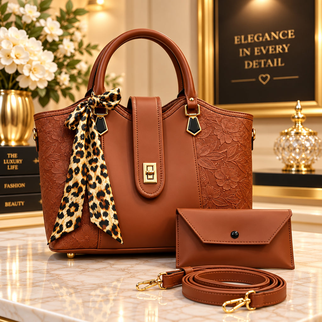 Embossed Floral Leather Womens Handbag Set