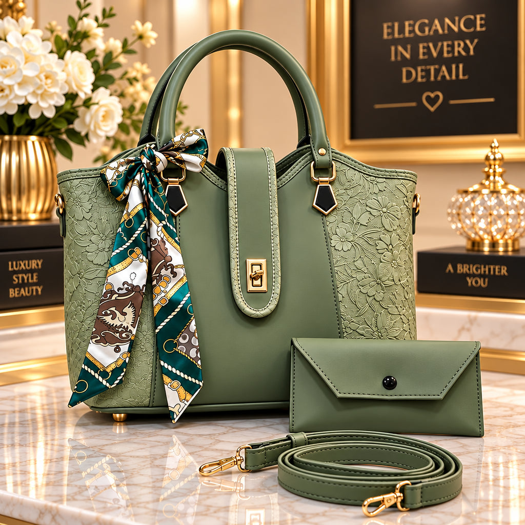 Embossed Floral Leather Womens Handbag Set