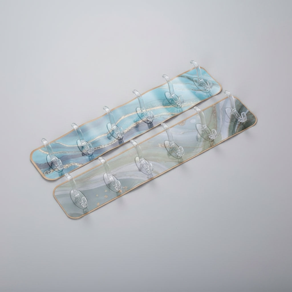 6 Hooks Self-Adhesive Hook Wall Hanger Marble Patterned Transparent