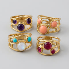 Golden Openwork Cabochon Gemstone Ring