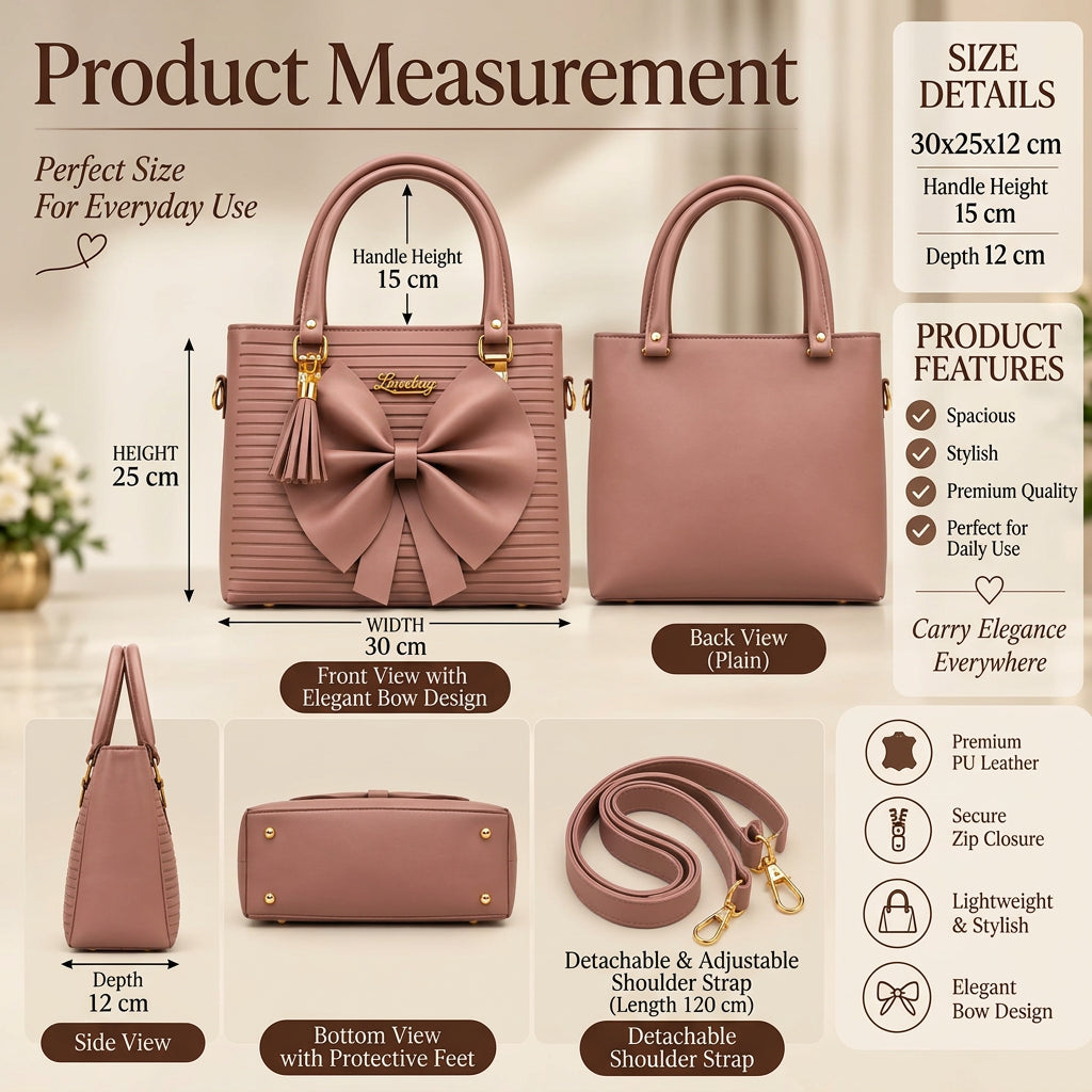 Ribbed Bow Handbag - 4 Piece Set