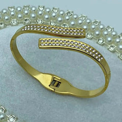 Gold Rhinestone DoubleRow Open Cuff Bangle
