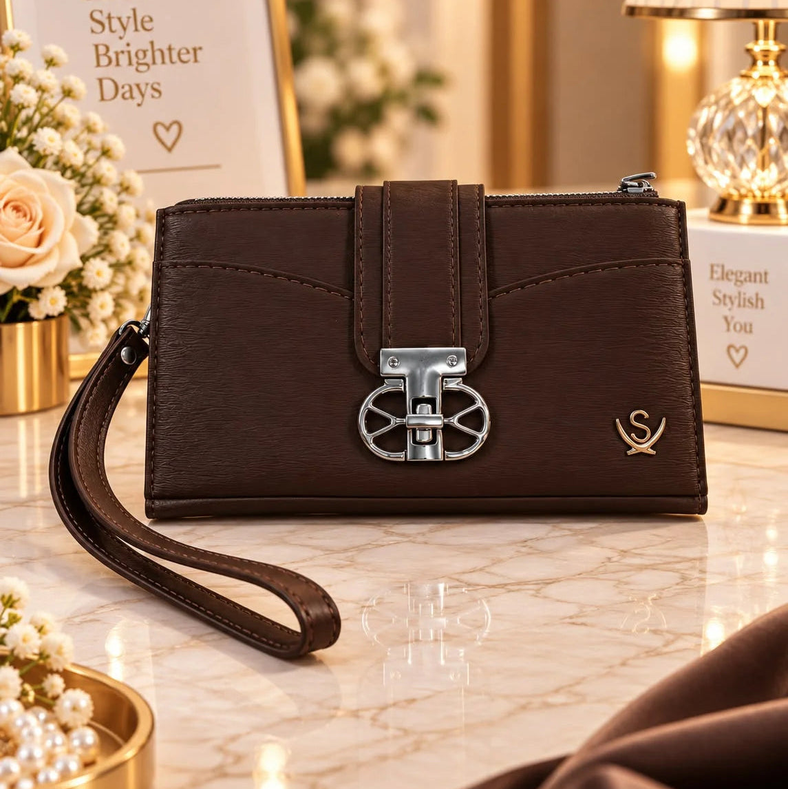 Womens Elegant Textured Faux Leather Wristlet Clutch