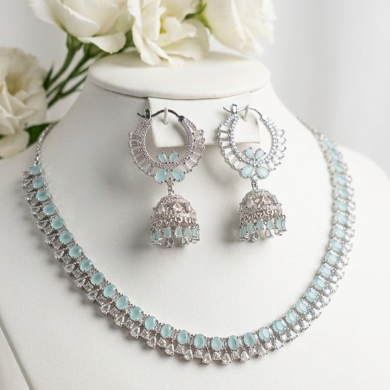 Silver-Tone American Diamond Necklace & Hanging Jhumka Earrings Set