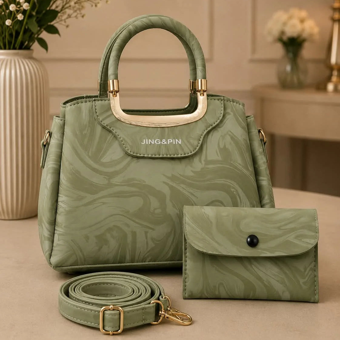 Jing & Pin Marbled Pattern Handbag Set