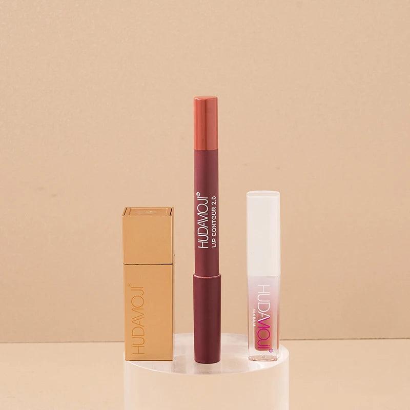 3 in 1 Hudamoji Set Velvet Matte Lipstick , Waterproof Lip Pencil & Lip Gloss Set