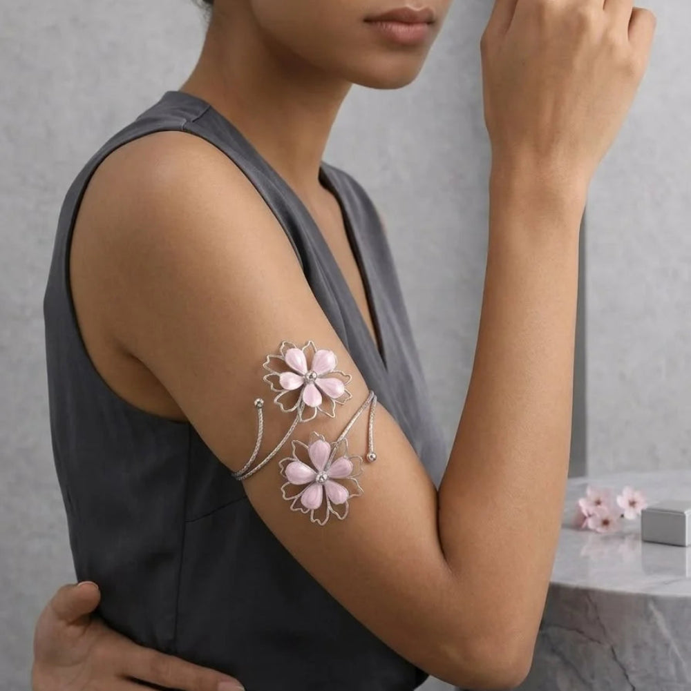 Stainless Steel Pink enamel cherry blossom flower arm cuff - Each