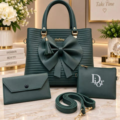 Ribbed Bow Handbag - 4 Piece Set
