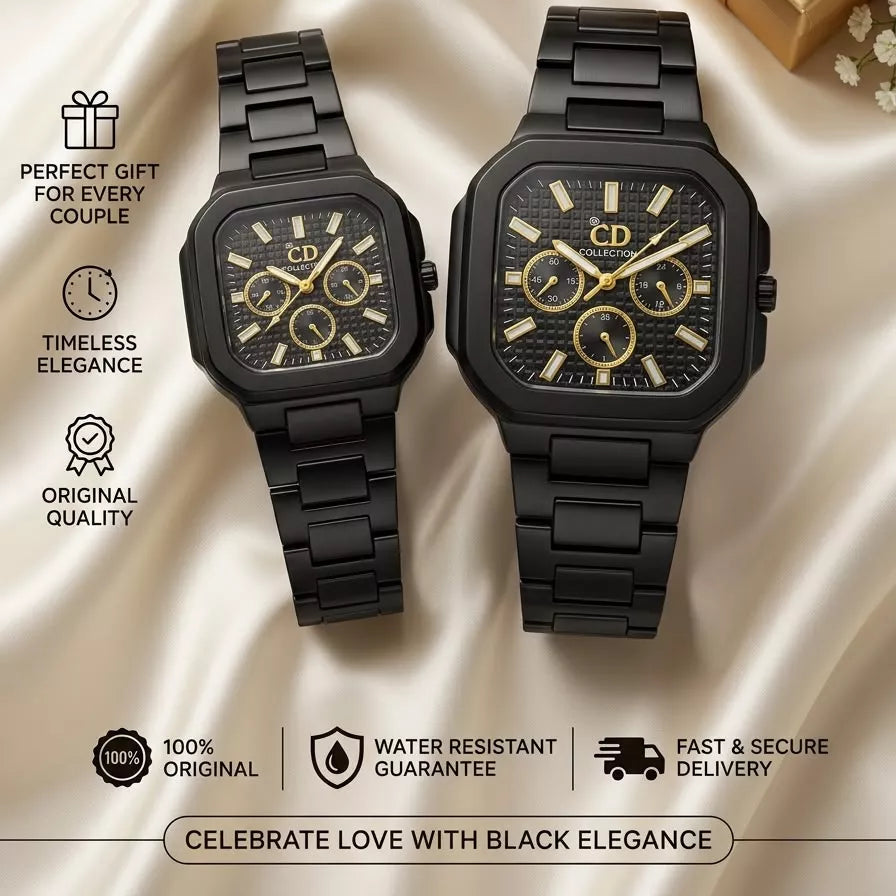 CD COLLECTION Square Black Stainless Steel Couple Watches – Elegant Black Dial with Gold-Toned Details