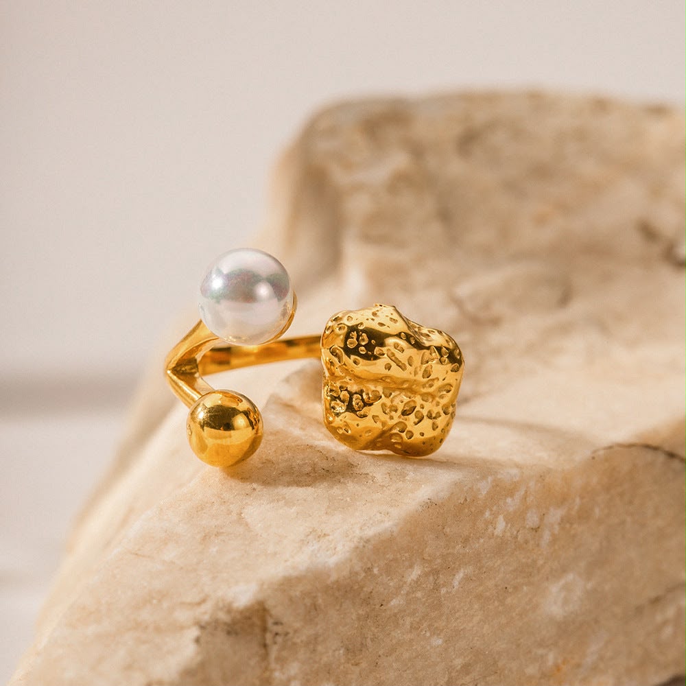Stainless Steel Open Bypass Ring with White Pearl & Gold