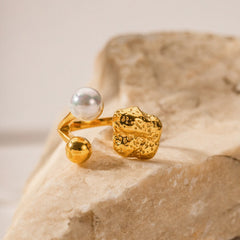 Stainless Steel Open Bypass Ring with White Pearl & Gold