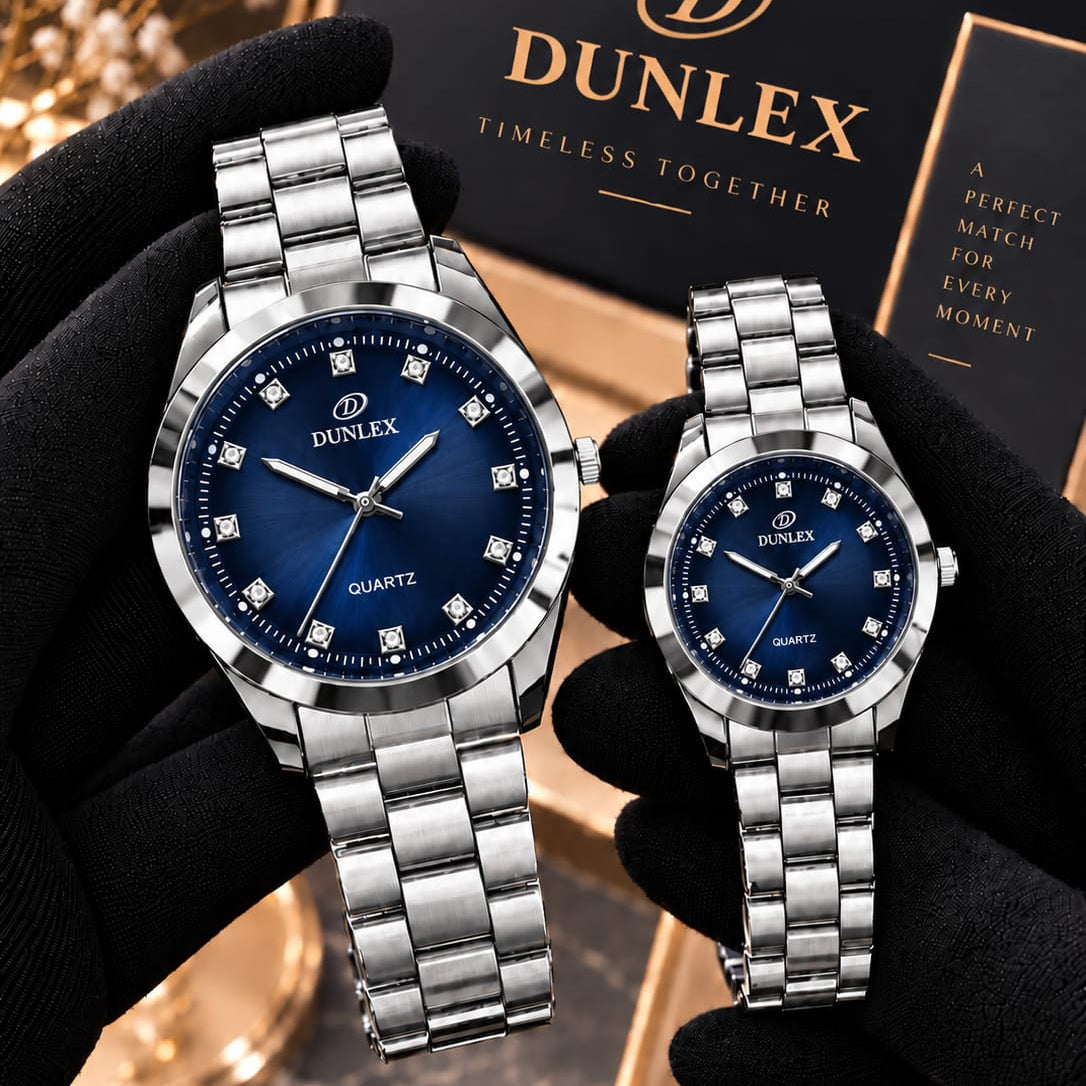 DUNLEX Luxury Couple Watch Pair Set – Brass Case, Steel Chain, Colorful Nugina Dial & Push-Button Lock