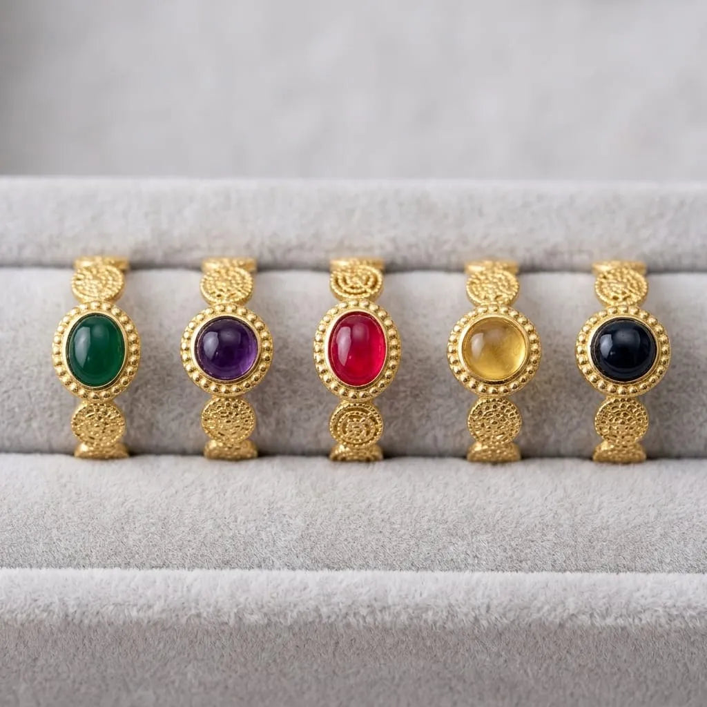 Gold Beaded Bezel Oval Stone Ring
