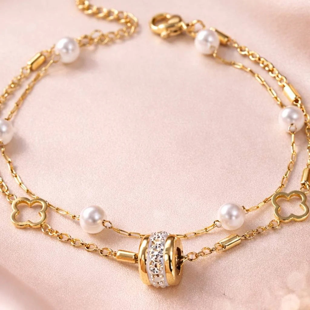 Gold Charm With Pearls Anti-Tarnish Bracelet For Women  - Each