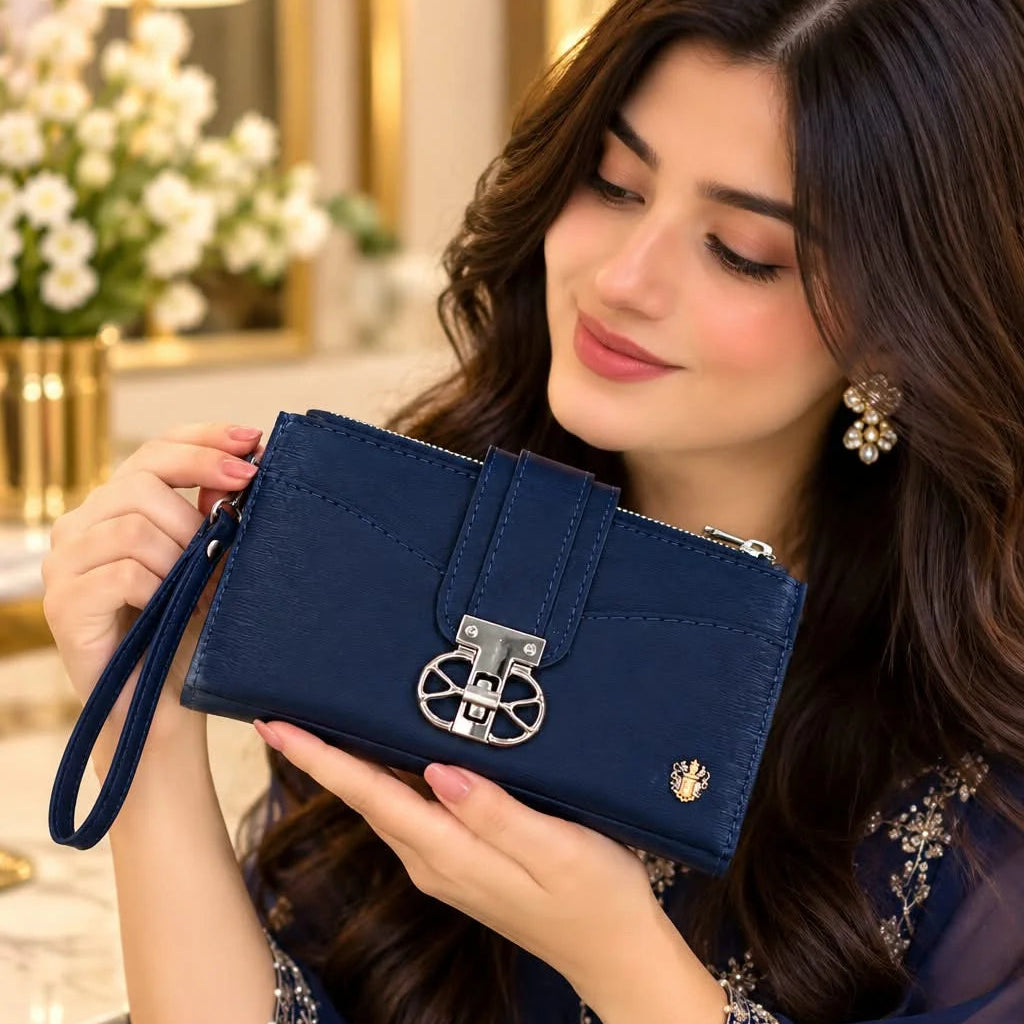 Womens Elegant Textured Faux Leather Wristlet Clutch