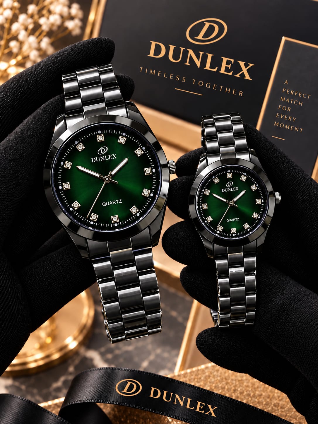 DUNLEX Luxury Couple Watch Pair Set – Brass Case, Steel Chain, Colorful Nugina Dial & Push-Button Lock