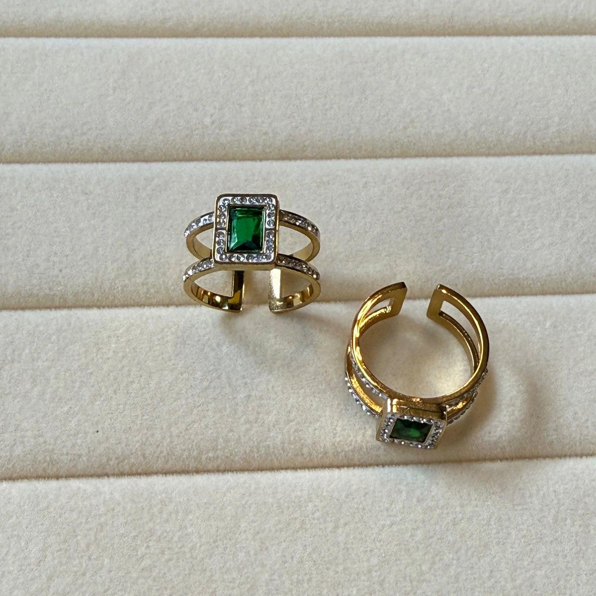 Gold Emerald Halo Double Band Adjustable Ring