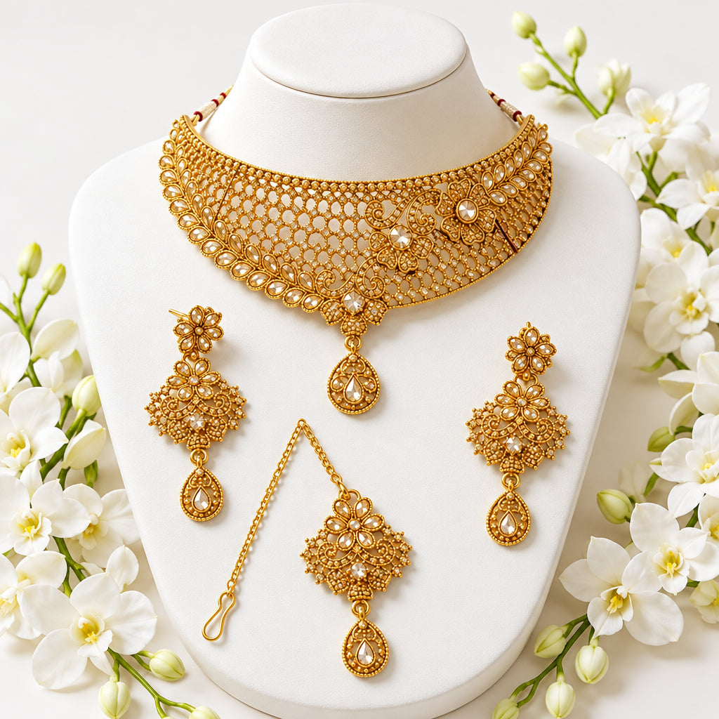 Artificial Gold-Plated Bridal Jewelry Set – Mesh Choker with Teardrop Pendant