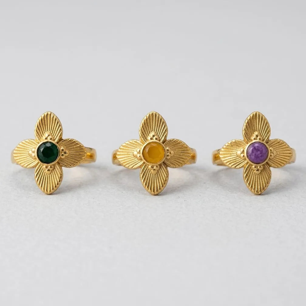 Golden Sunburst Stone Flower Ring
