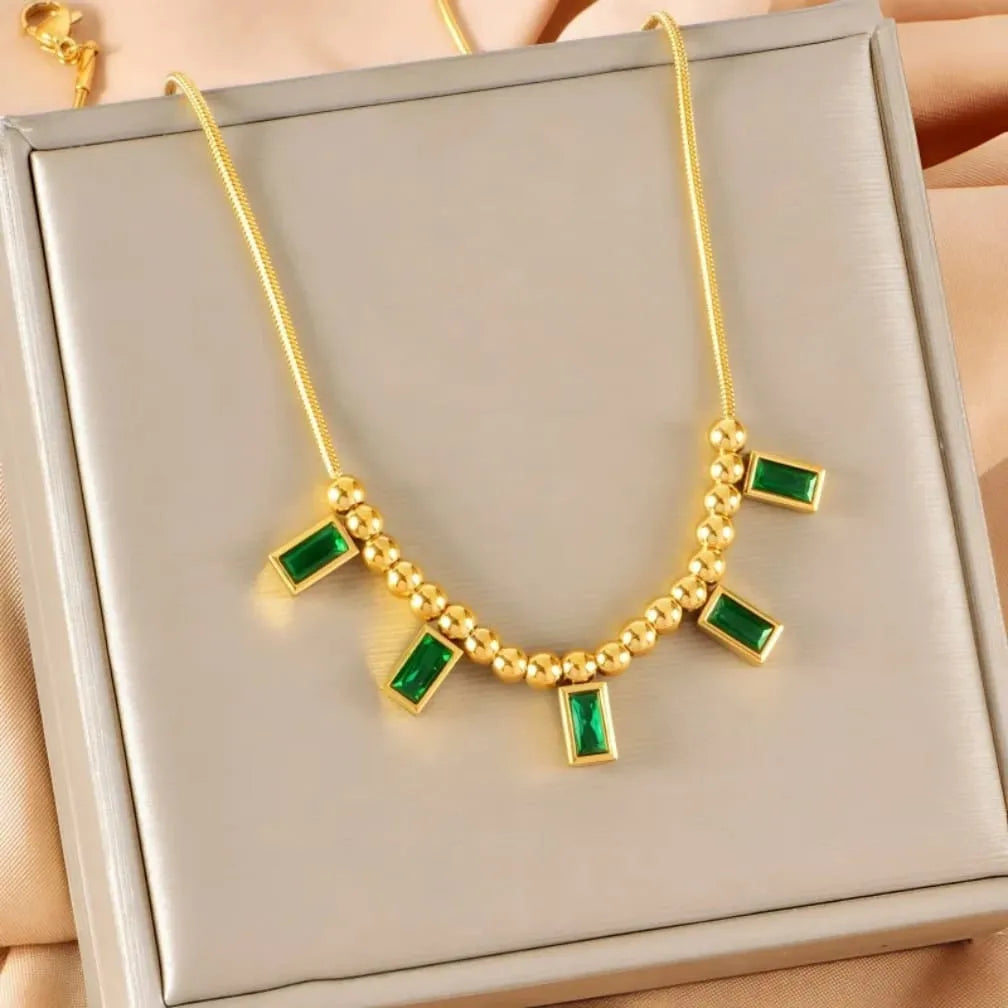 Gold Plated Green Rectangular Zircon Gemstone Charm Necklace