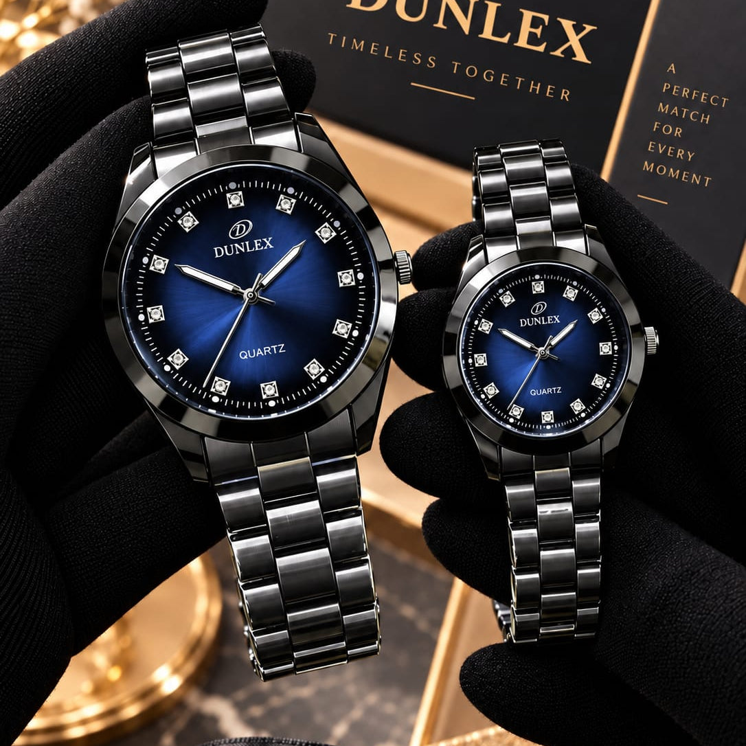 DUNLEX Luxury Couple Watch Pair Set – Brass Case, Steel Chain, Colorful Nugina Dial & Push-Button Lock