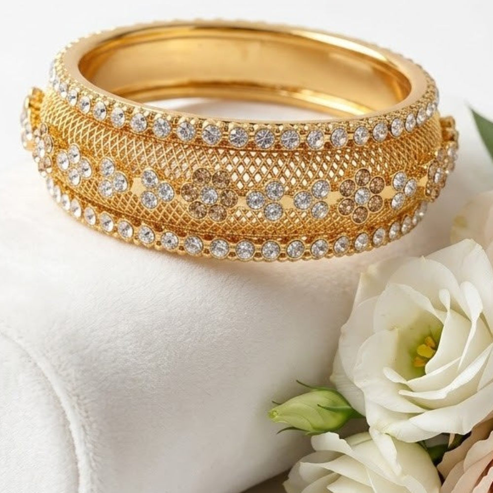 Ornate Gold-Finished Designer Bangle / Kada – Floral Rhinestone & Net Pattern