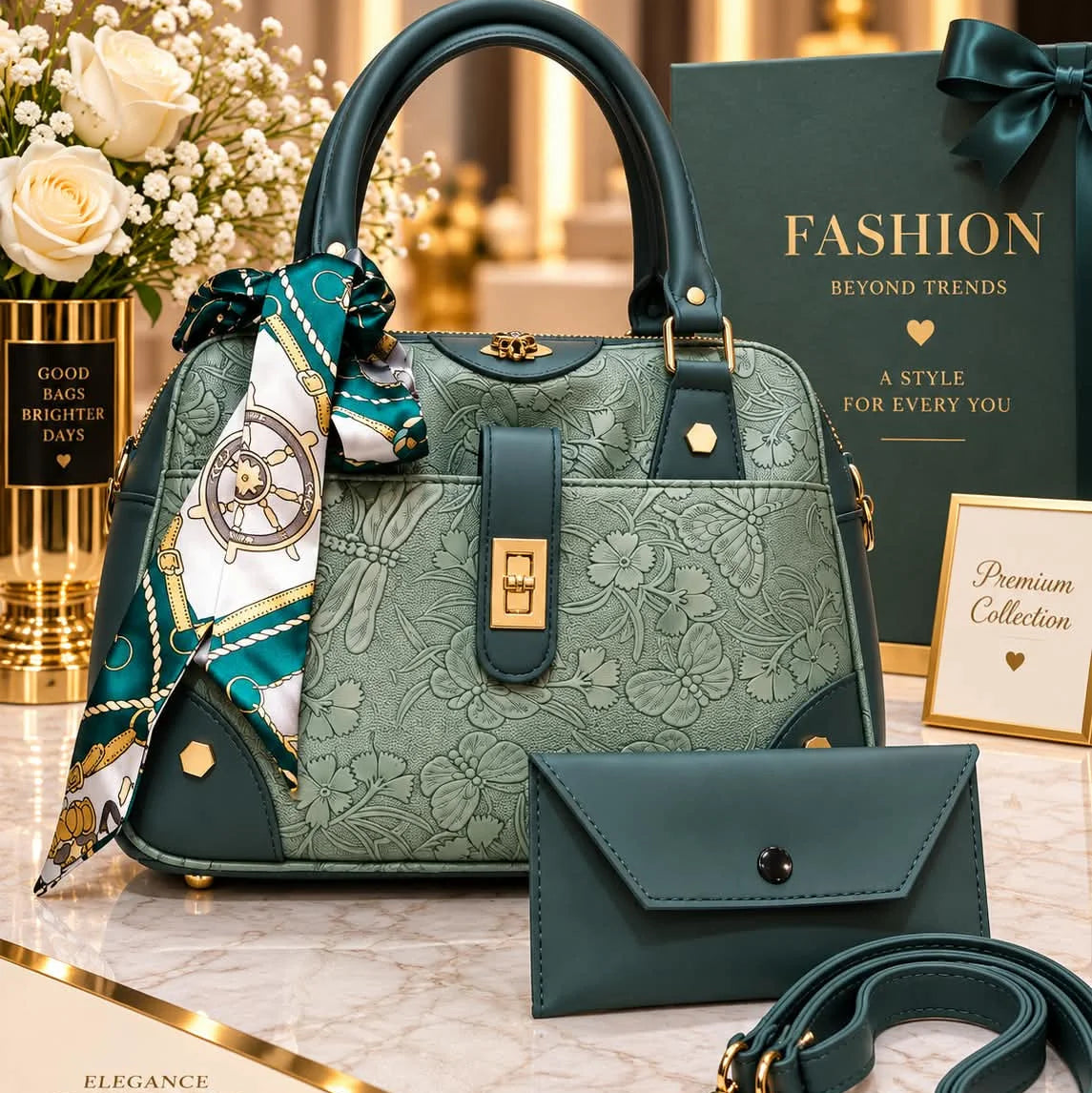 CHENAL Womens Embossed Floral Handbag - 3 Piece Set