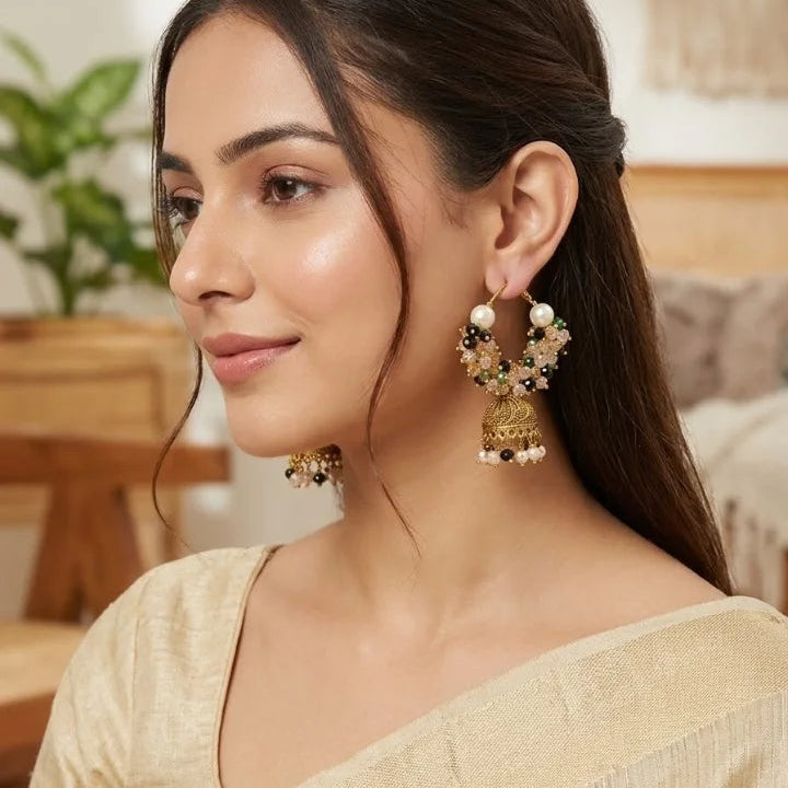 Gold Plated Pearl & Beaded Hoop Jhumka Earring