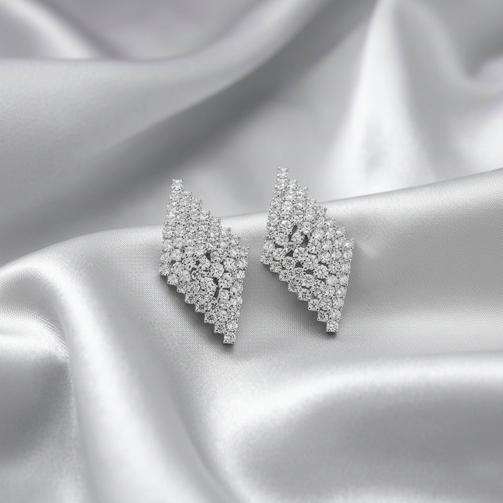 Lattice Pattern Cubic Zirconia Stud Earrings – Golden & Silver