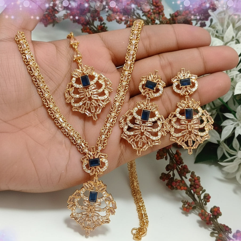 Zircon Necklace Set – Necklace, Earrings & Tikka