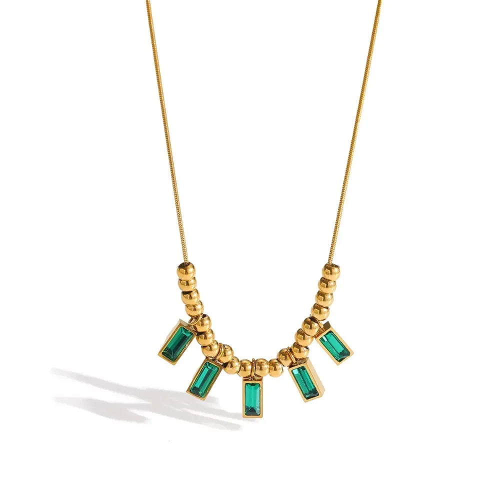 Gold Plated Green Rectangular Zircon Gemstone Charm Necklace