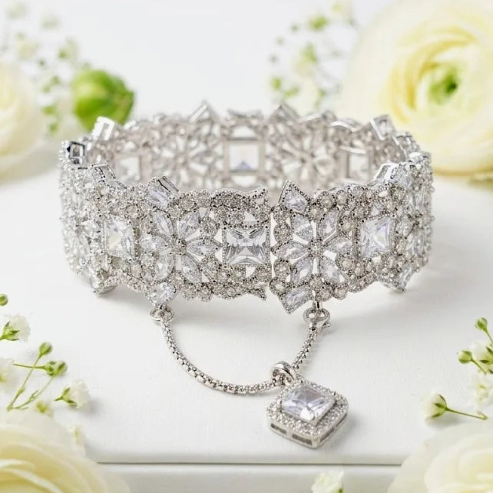Ornate Silver-Toned Zircon Wide Openable Bracelet - Each